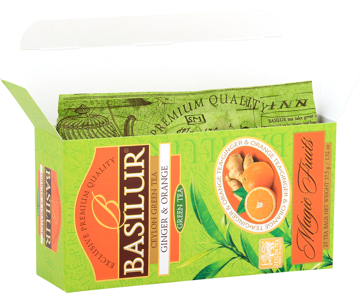 Otwarta herbata Basilur Ginger & Orange z widocznymi foliowymi kopertami saszetek.