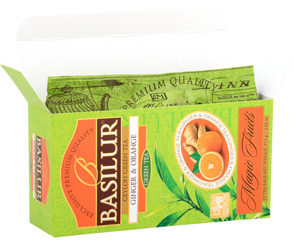 Otwarta herbata Basilur Ginger & Orange z widocznymi foliowymi kopertami saszetek.