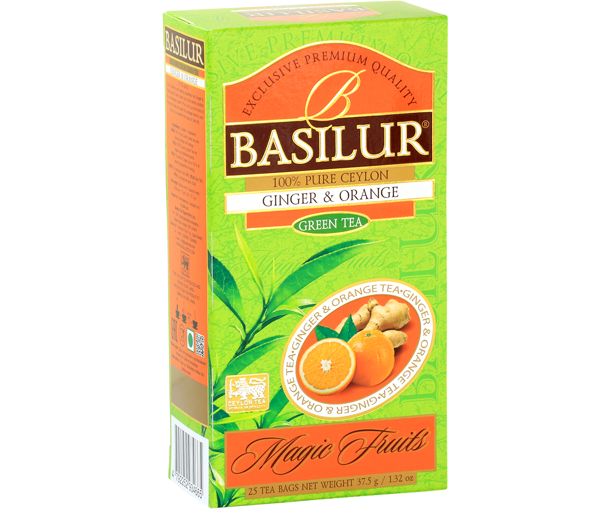 Herbata Basilur Ginger & Orange przedstawiona na froncie opakowania z grafiką imbiru i pomarańczy.