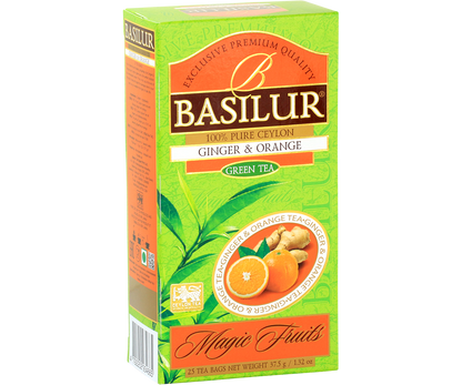Herbata Basilur Ginger & Orange przedstawiona na froncie opakowania z grafiką imbiru i pomarańczy.