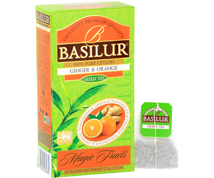 Saszetka Basilur Ginger & Orange obok kartonika zielonej herbaty.