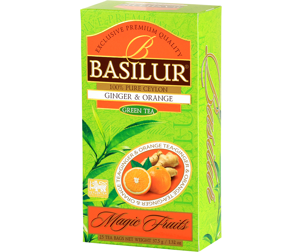 Opakowanie Basilur Ginger & Orange z serii Magic Fruits ukazane pod lekkim kątem.