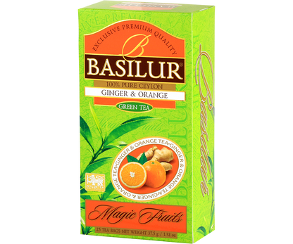 Opakowanie Basilur Ginger & Orange z serii Magic Fruits ukazane pod lekkim kątem.