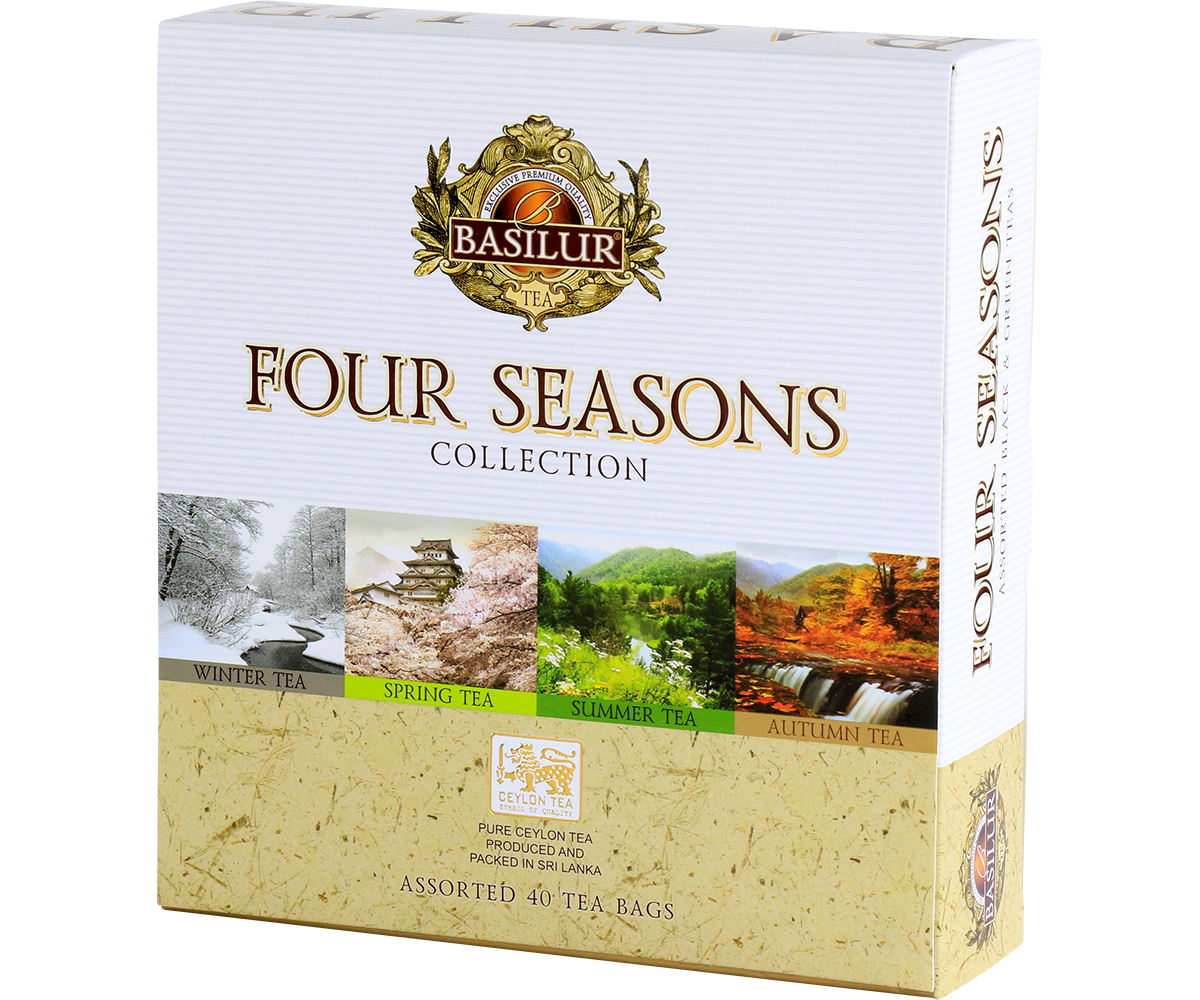Bok pudełka Basilur Four Seasons Collection z eleganckim logo marki