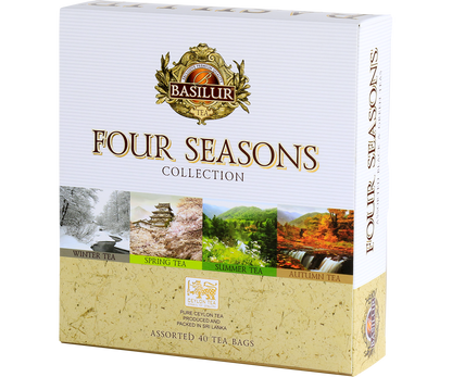 Bok pudełka Basilur Four Seasons Collection z eleganckim logo marki