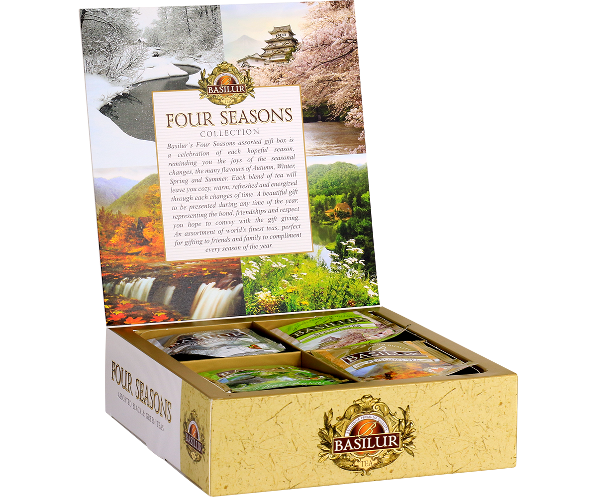 Otwarty zestaw Basilur Four Seasons Collection z widocznymi saszetkami herbat