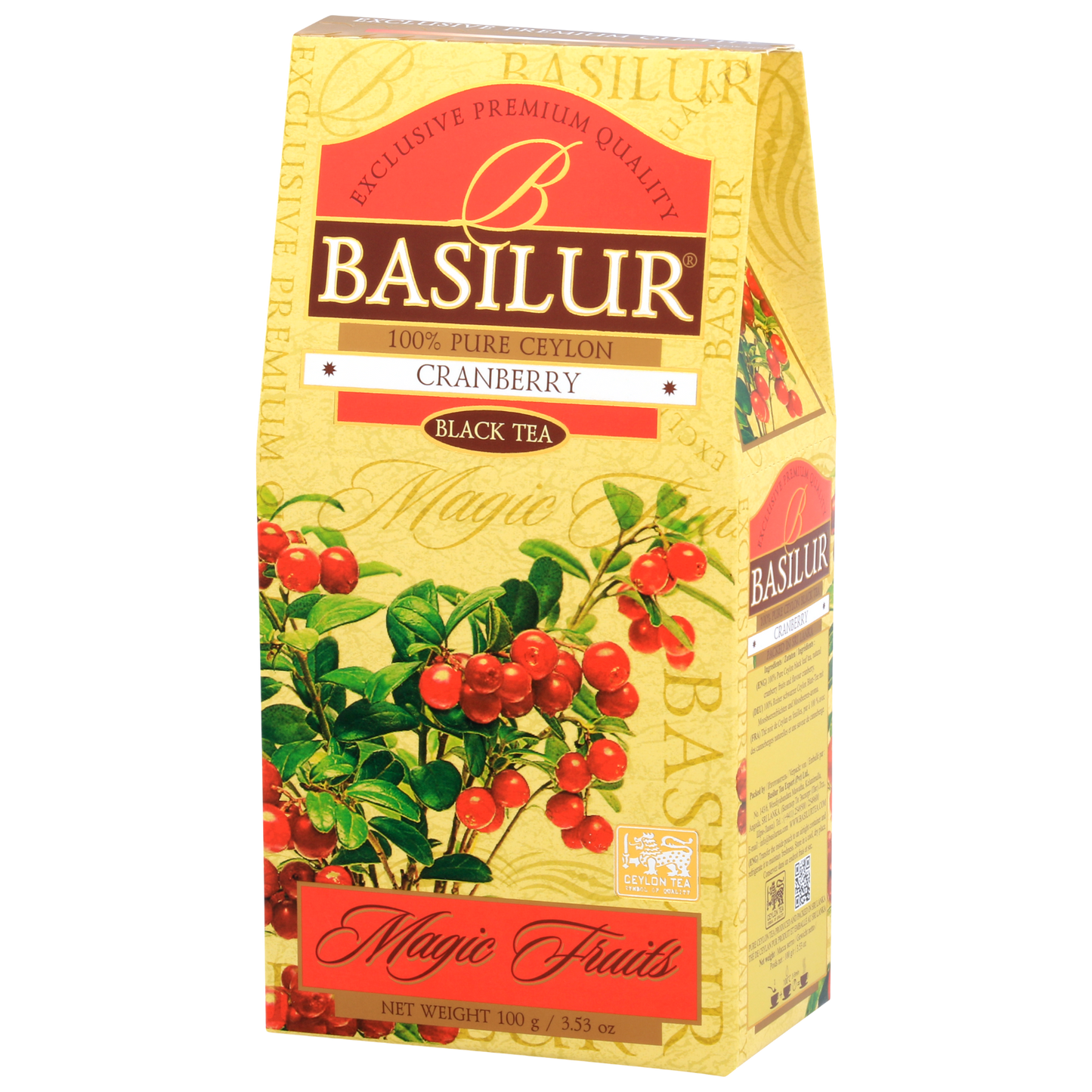 Herbata liściasta Basilur Cranberry 100 g prezentacja eleganckiego pudełka premium.