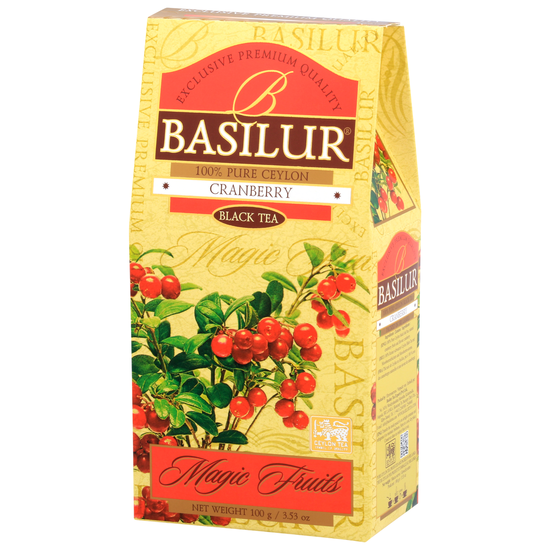 Herbata liściasta Basilur Cranberry 100 g prezentacja eleganckiego pudełka premium.