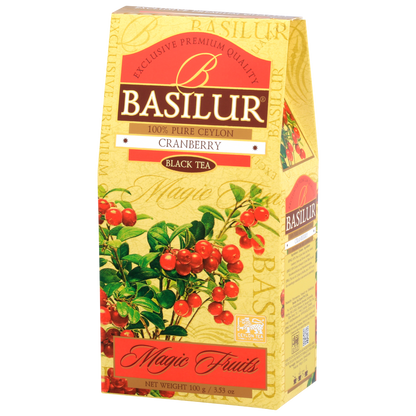 Herbata liściasta Basilur Cranberry 100 g prezentacja eleganckiego pudełka premium.