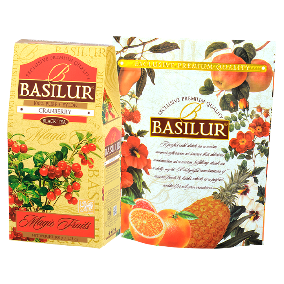 Herbata czarna Basilur Cranberry w opakowaniu prezentowym na tle owocowej grafiki