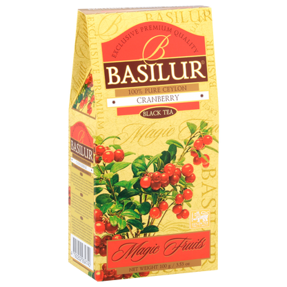 Herbata czarna Basilur Cranberry 100 g w ozdobnym opakowaniu z motywem czerwonej żurawiny