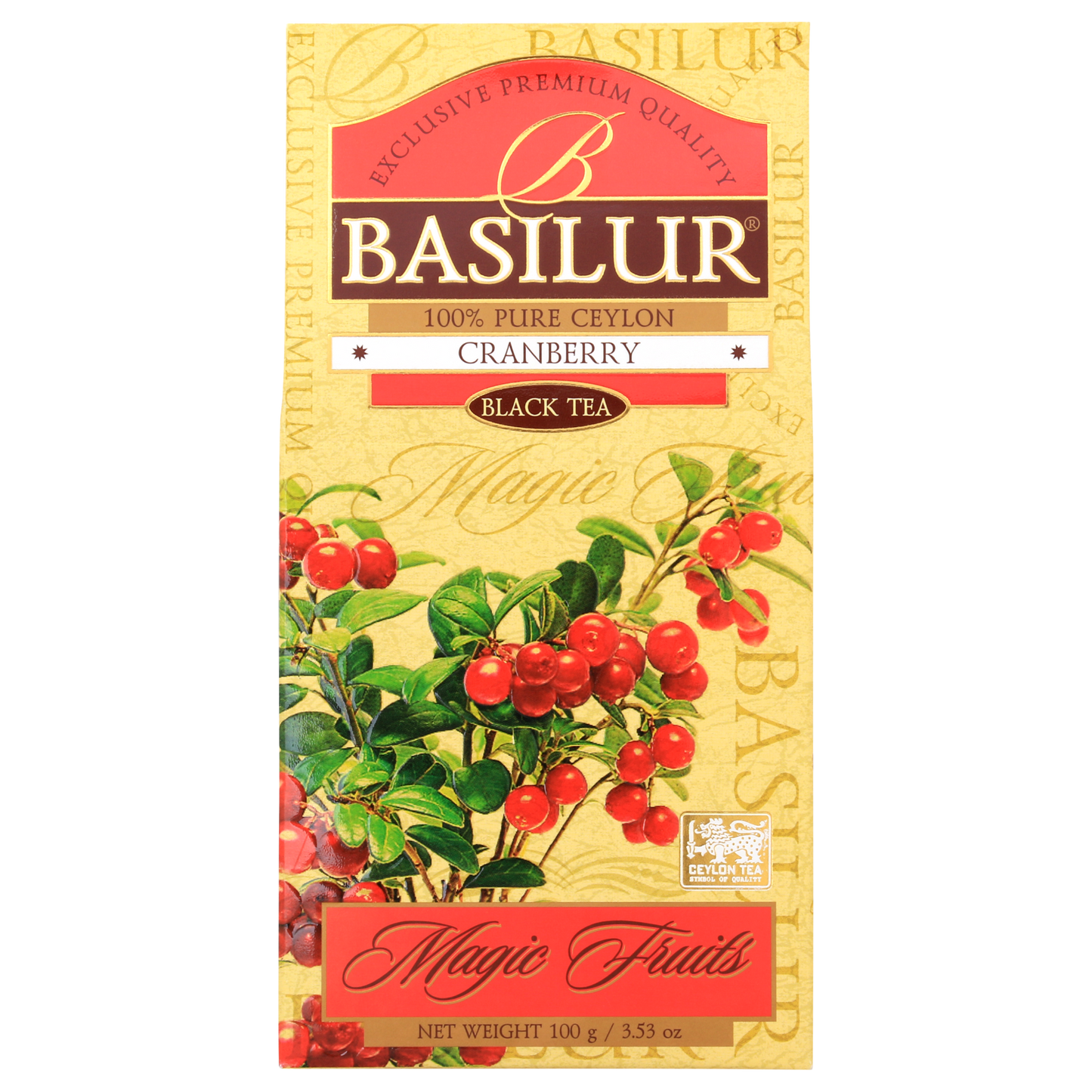 Opakowanie herbaty cejlońskiej Basilur Cranberry z owocowym aromatem żurawiny
