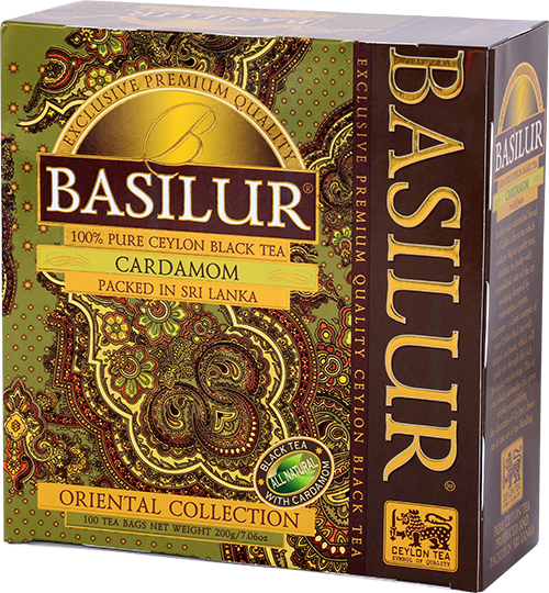 Opakowanie Basilur Cardamom z orientalnym wzorem – aromatyczna herbata czarna z przyprawą kardamonową.