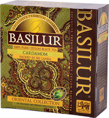Opakowanie Basilur Cardamom z orientalnym wzorem – aromatyczna herbata czarna z przyprawą kardamonową.