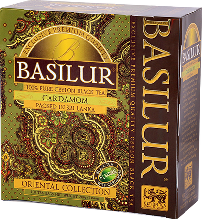 Opakowanie Basilur Cardamom z orientalnym wzorem – aromatyczna herbata czarna z przyprawą kardamonową.
