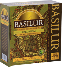 Herbata Basilur Cardamom – czarna herbata cejlońska z kardamonem w ozdobnym, zielono-złotym opakowaniu.