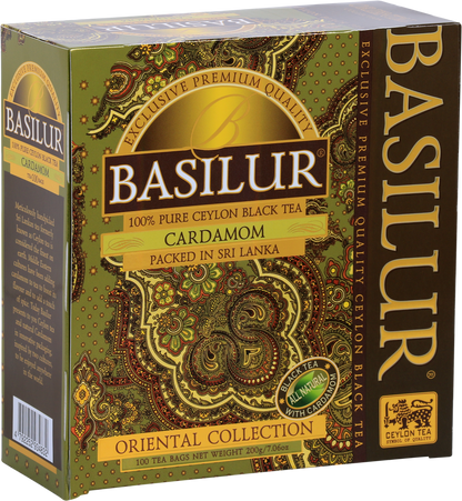 Herbata Basilur Cardamom – czarna herbata cejlońska z kardamonem w ozdobnym, zielono-złotym opakowaniu.
