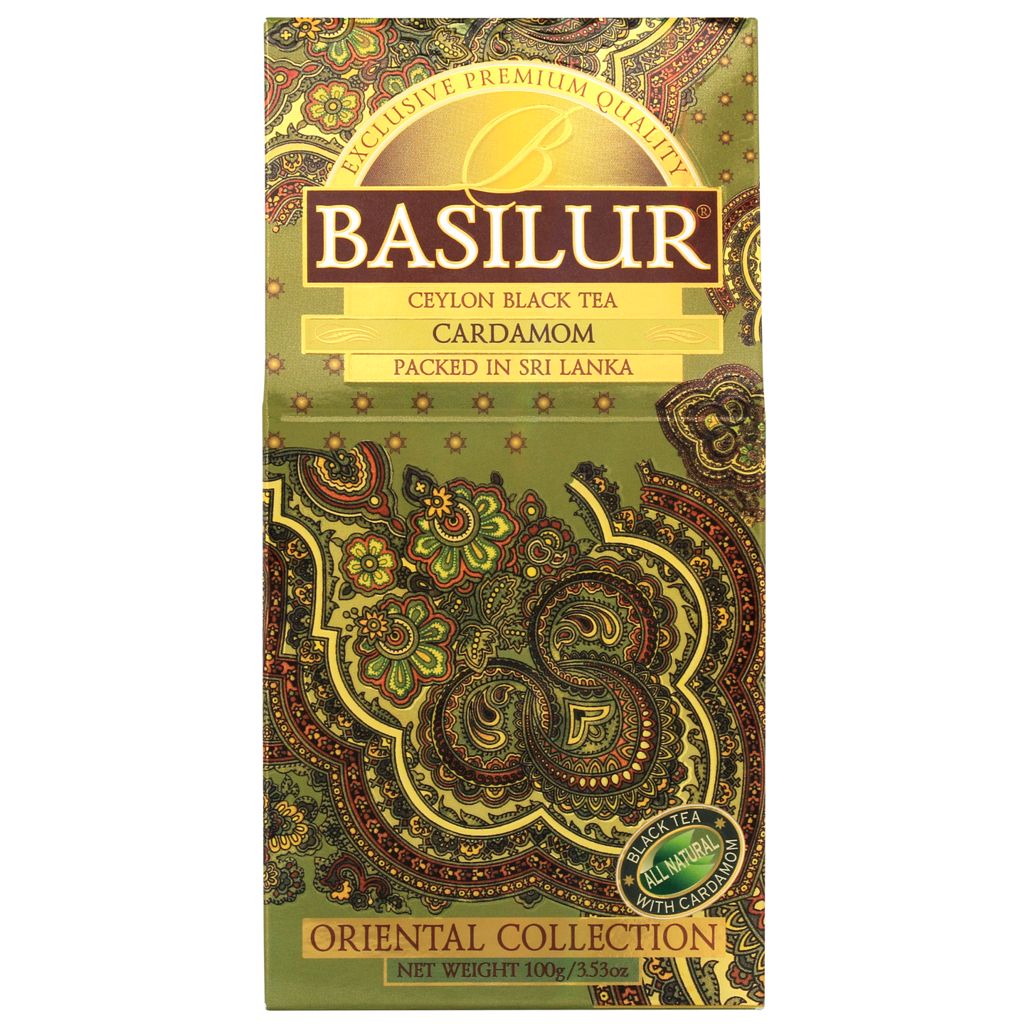 Front opakowania Basilur Cardamon 100 g, aromatyczna czarna herbata cejlońska z kardamonem premium.