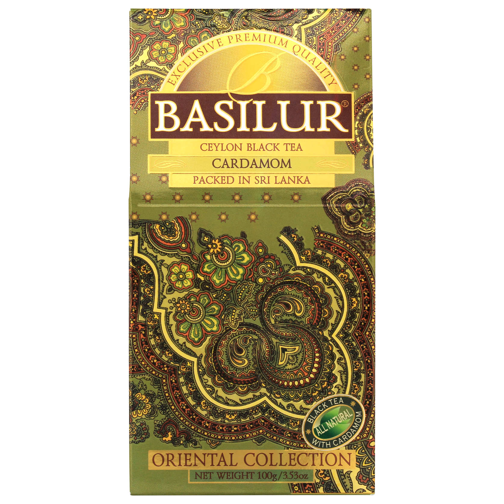Front opakowania Basilur Cardamon 100 g, aromatyczna czarna herbata cejlońska z kardamonem premium.