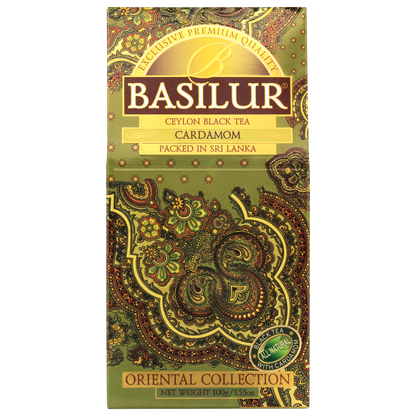 Front opakowania Basilur Cardamon 100 g, aromatyczna czarna herbata cejlońska z kardamonem premium.