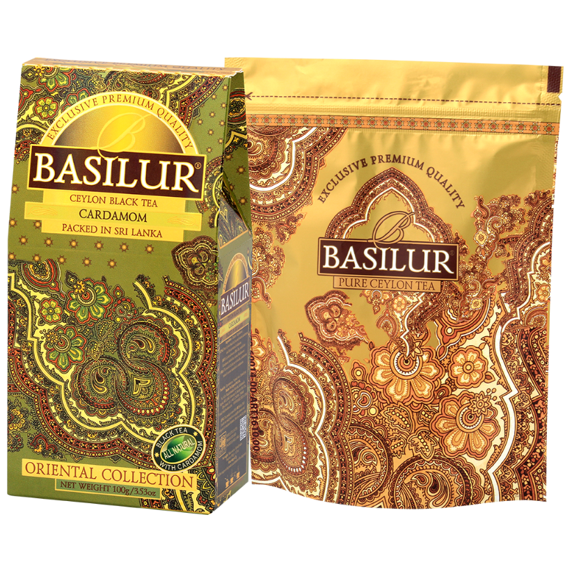 Herbata czarna Basilur Cardamon 100 g w eleganckim opakowaniu Oriental Collection z torebką herbaty cejlońskiej.