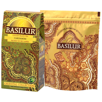 Herbata czarna Basilur Cardamon 100 g w eleganckim opakowaniu Oriental Collection z torebką herbaty cejlońskiej.