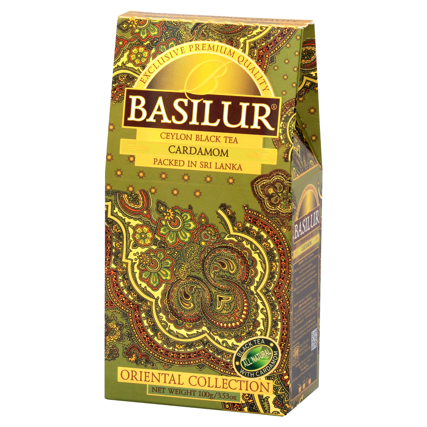 Opakowanie herbaty Basilur Cardamon 100 g z orientalnym wzorem i cejlońską herbatą premium.