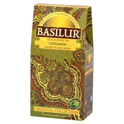 Opakowanie herbaty Basilur Cardamon 100 g z orientalnym wzorem i cejlońską herbatą premium.