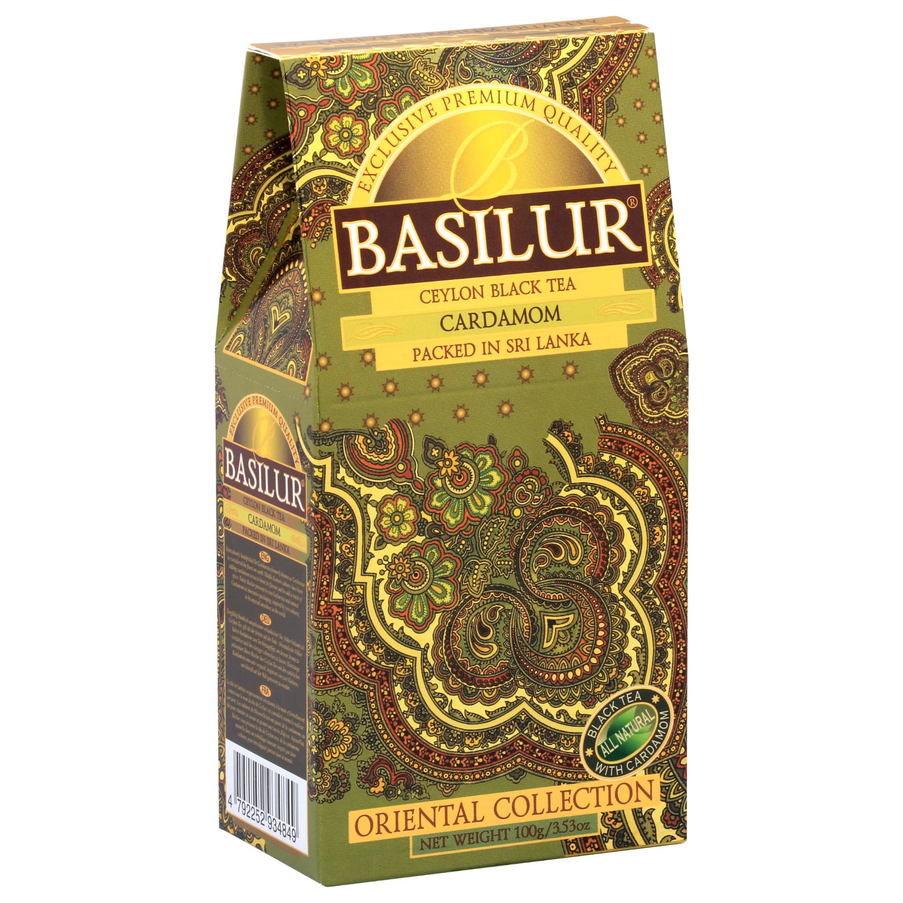 Herbata Basilur Cardamon Oriental Collection widok opakowania pod kątem, czarna herbata z kardamonem.