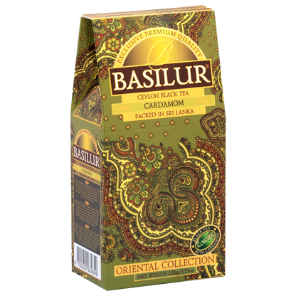 Herbata Basilur Cardamon Oriental Collection widok opakowania pod kątem, czarna herbata z kardamonem.