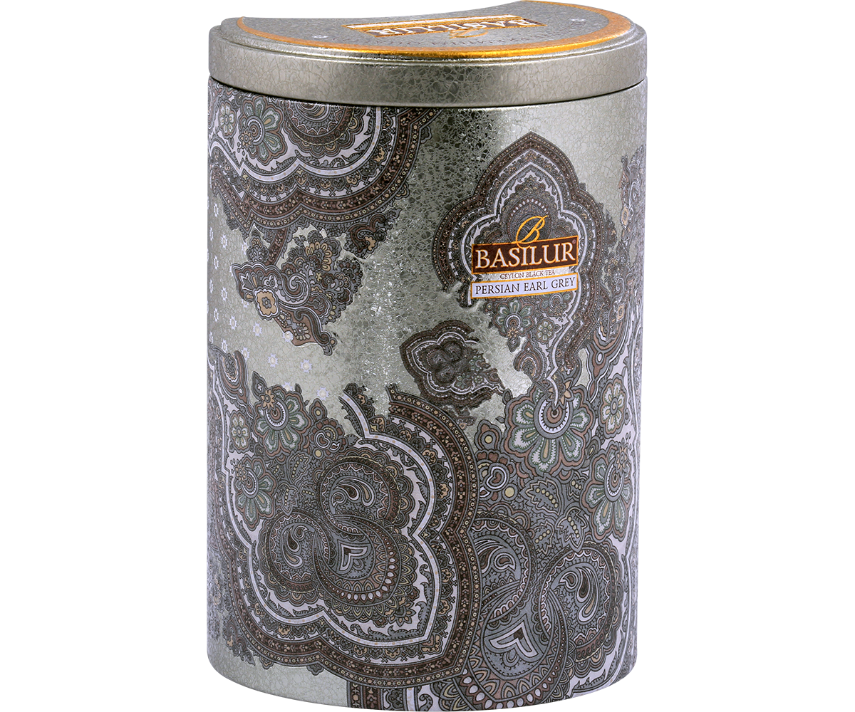 Bok puszki Basilur Persian Earl Grey – orientalne wzory i eleganckie wykończenie.