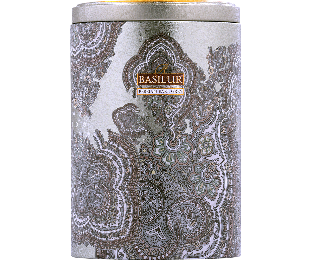 Puszka Basilur Persian Earl Grey z przodu – stylowy design i logo marki Basilur.