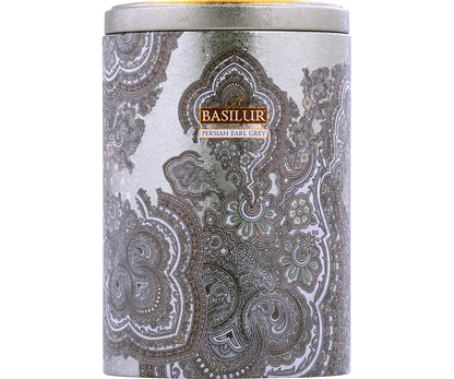 Puszka Basilur Persian Earl Grey z przodu – stylowy design i logo marki Basilur.