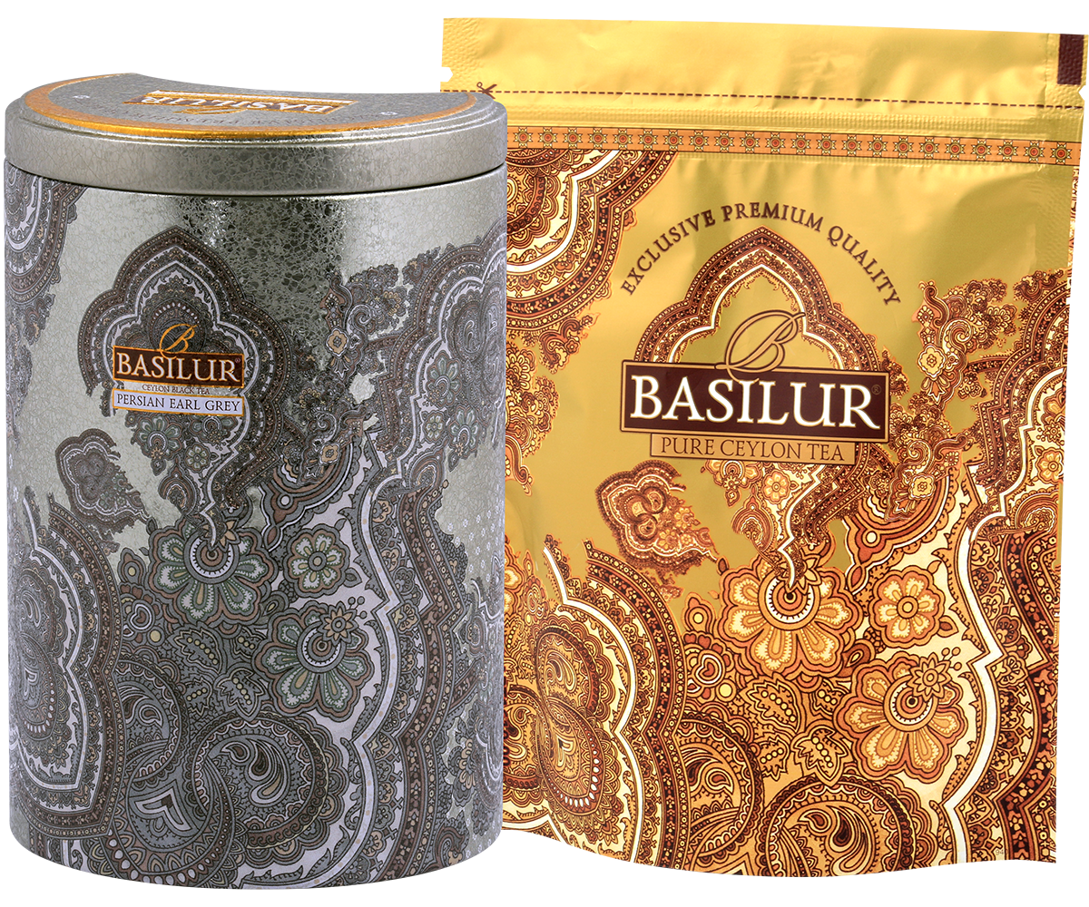 Herbata Basilur Persian Earl Grey w puszce i złotym opakowaniu foliowym – luksusowy zestaw herbaty cejlońskiej.