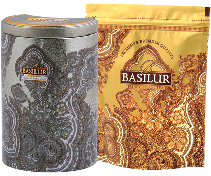 Herbata Basilur Persian Earl Grey w puszce i złotym opakowaniu foliowym – luksusowy zestaw herbaty cejlońskiej.