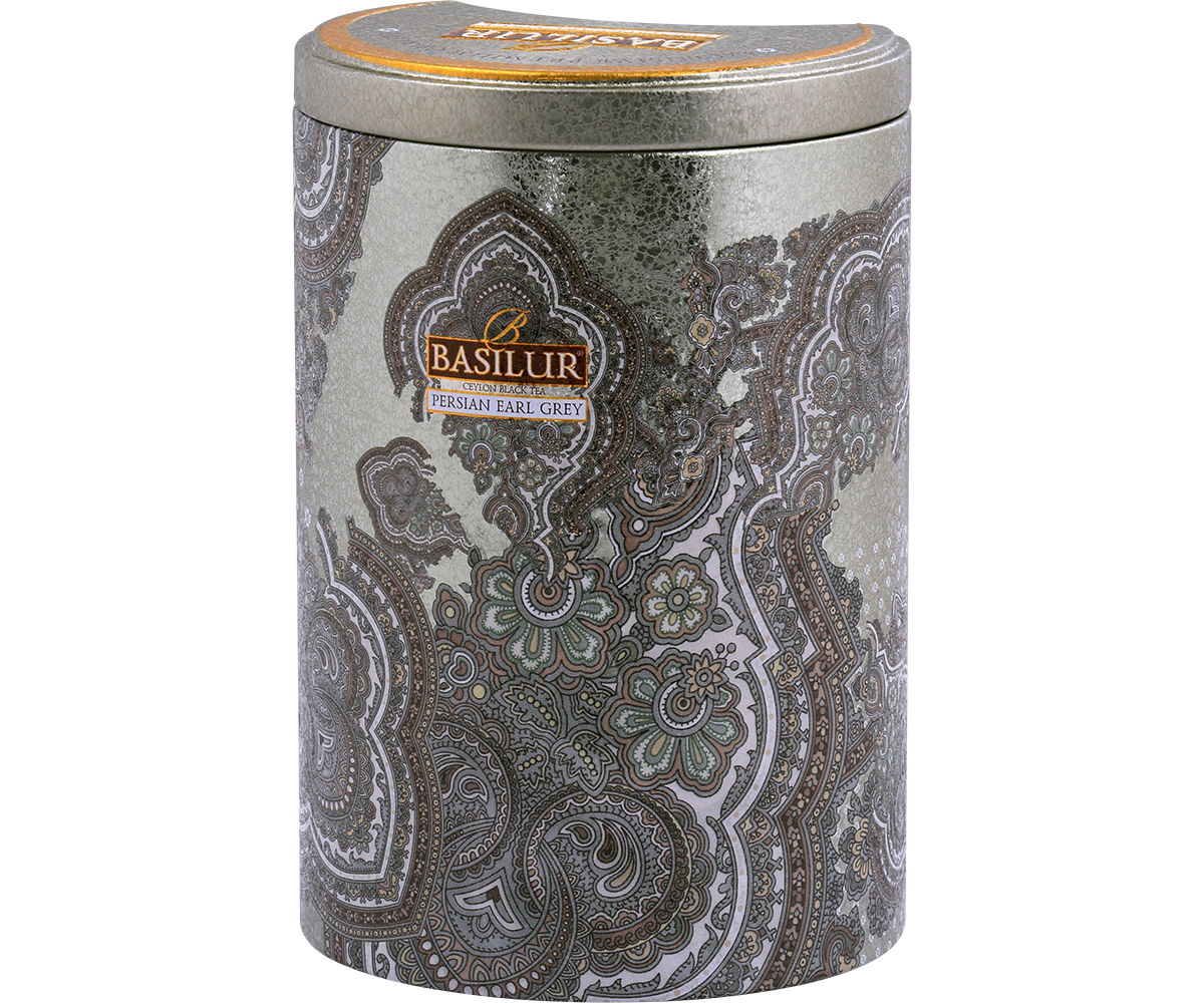 Herbata Basilur Persian Earl Grey 100 g w ozdobnej puszce – eleganckie opakowanie inspirowane orientem.