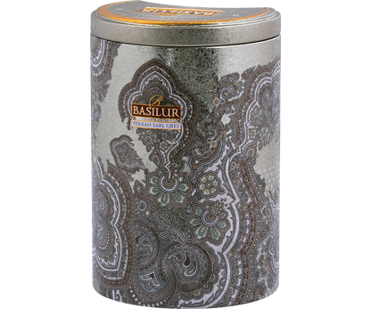 Herbata Basilur Persian Earl Grey 100 g w ozdobnej puszce – eleganckie opakowanie inspirowane orientem.