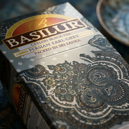 Opakowanie herbaty Basilur Persian Earl Grey, czarna herbata Ceylon z ozdobnym wzorem i napisem Sri Lanka