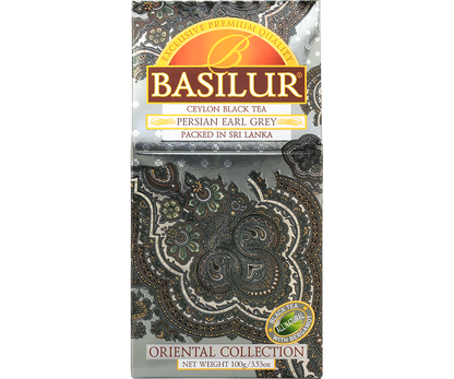 Przód opakowania herbaty Basilur Persian Earl Grey z orientalnym wzorem