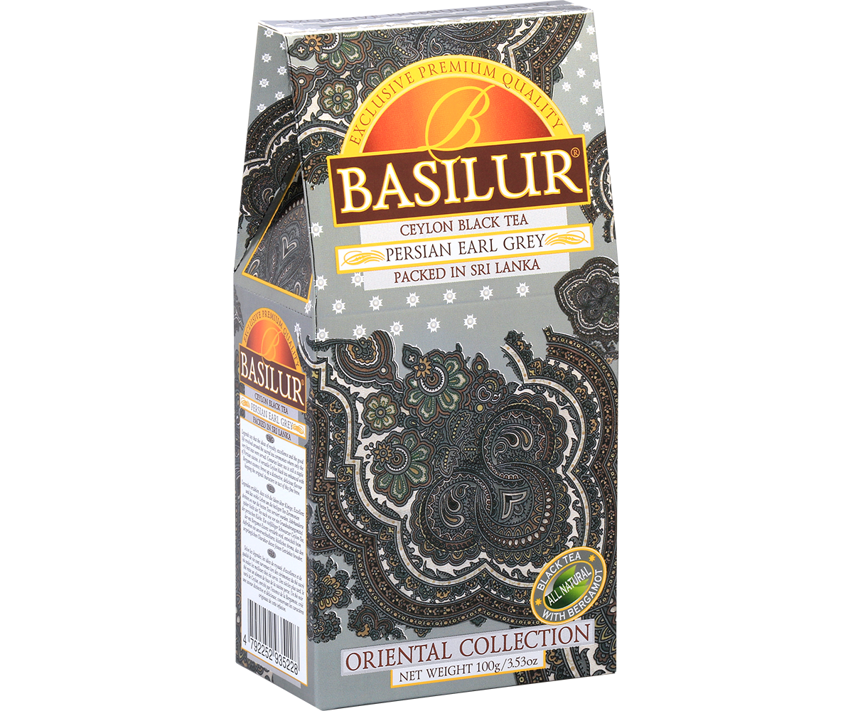 Bok pudełka Basilur Persian Earl Grey z ozdobnym motywem paisley