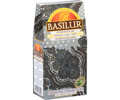 Bok pudełka Basilur Persian Earl Grey z ozdobnym motywem paisley