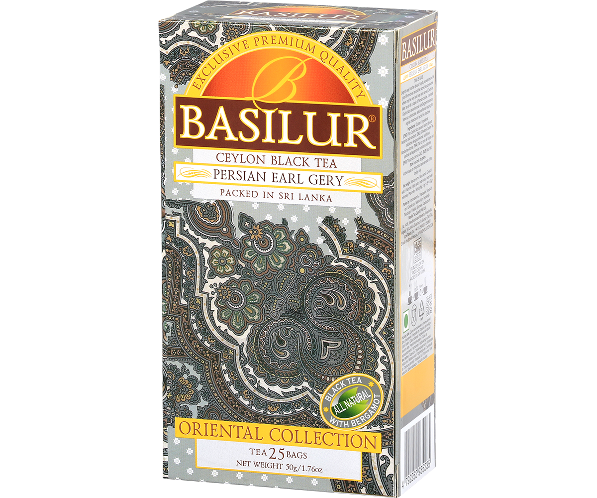 Bok opakowania Basilur Persian Earl Grey z orientalnym wzorem