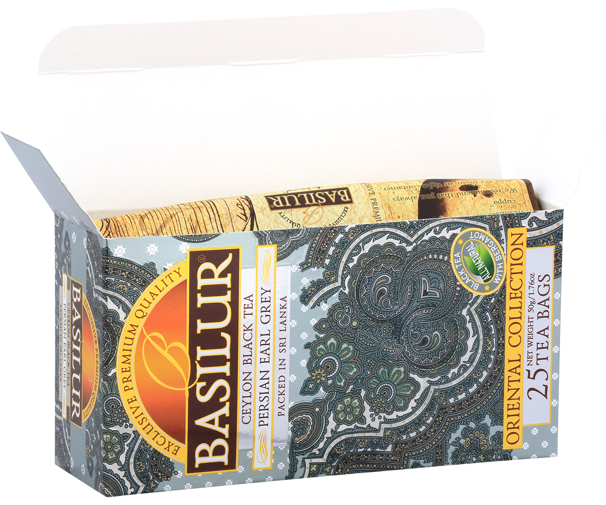 Otwarta paczka Basilur Persian Earl Grey z widocznymi saszetkami herbaty