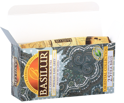 Otwarta paczka Basilur Persian Earl Grey z widocznymi saszetkami herbaty
