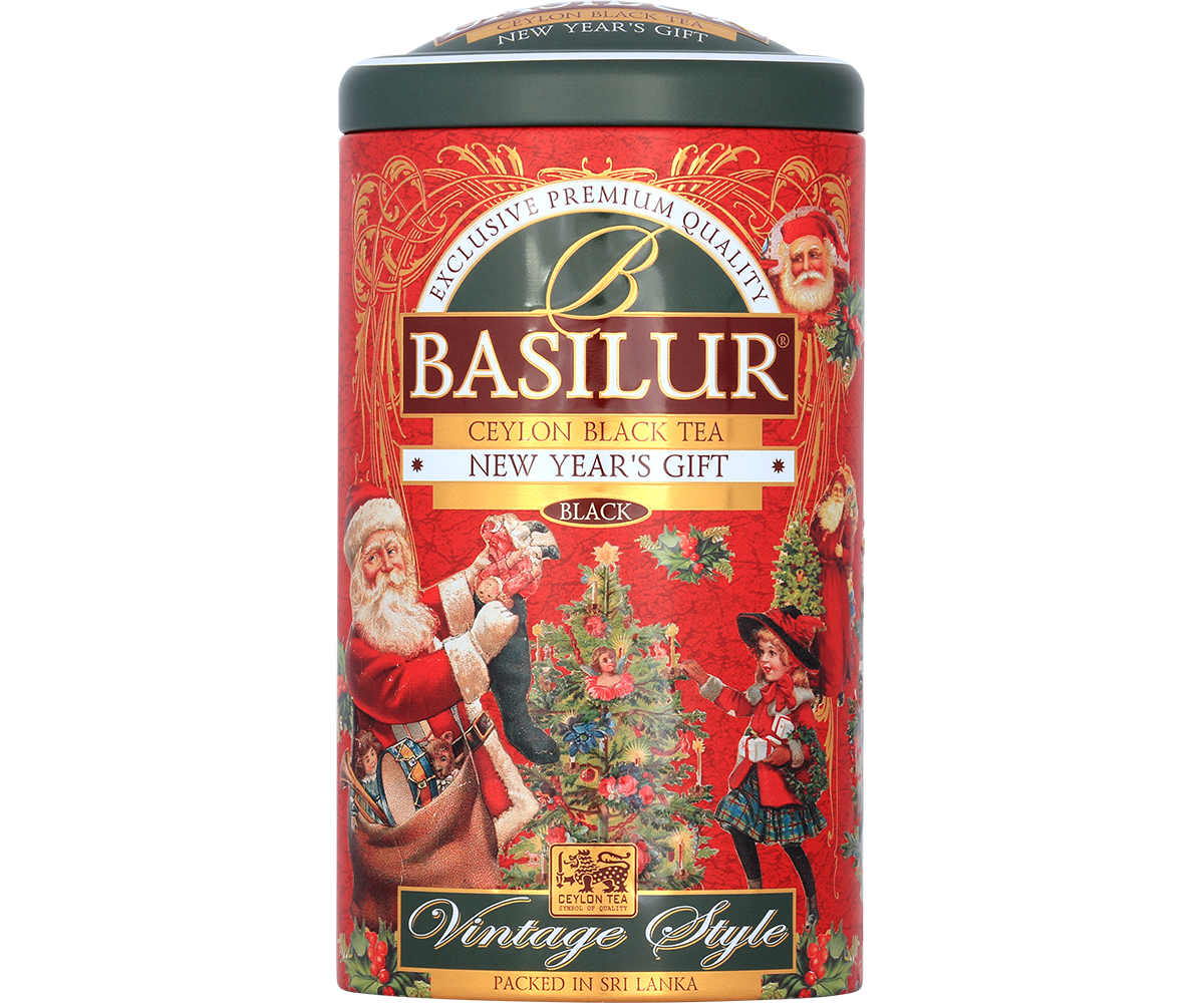 Przód puszki Basilur New Year’s Gift z napisem Ceylon Black Tea Vintage Style