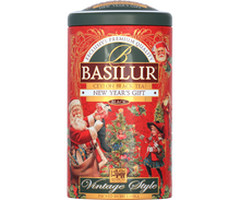 Przód puszki Basilur New Year’s Gift z napisem Ceylon Black Tea Vintage Style