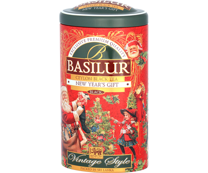 Herbata Basilur New Year’s Gift w czerwonej puszce z motywem Świętego Mikołaja