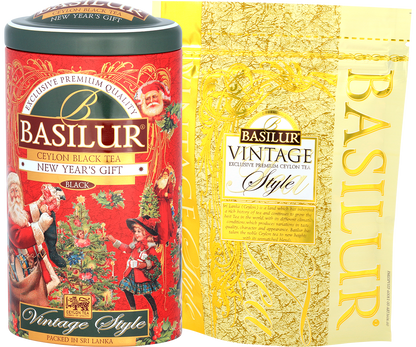 Zestaw Basilur New Year’s Gift – puszka vintage i złote opakowanie uzupełniające