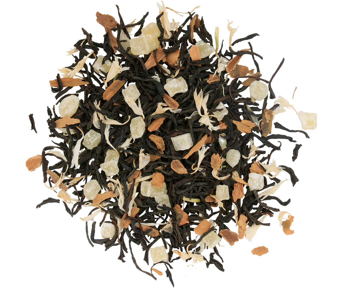 Susz herbaty Basilur White Christmas z kawałkami ananasa, cynamonu i płatkami kwiatów.