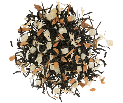 Susz herbaty Basilur White Christmas z kawałkami ananasa, cynamonu i płatkami kwiatów.